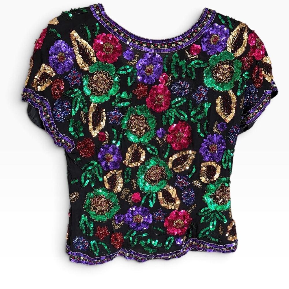 Black Tie Vintage Silk Beaded Floral Top Womens M Sequin Evening Glam Maximalism
